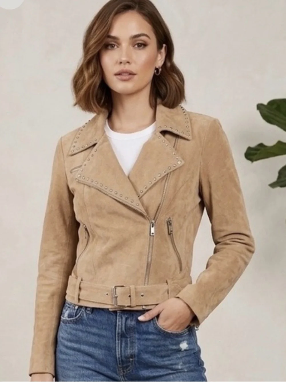 Bebe Suede Moto Jacket Women Size M Camel New‎ Studded Leather Biker Coat